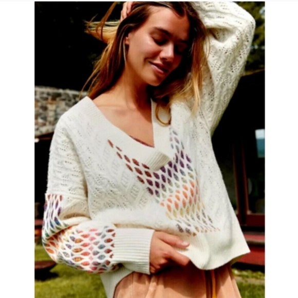 Anthropologie Maeve V-Neck Cable-Knit Wool Sweater Rainbow size MED - Picture 2 of 13